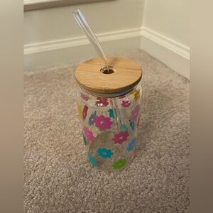 16 oz drinking glass tumbler with wood lid and straw.